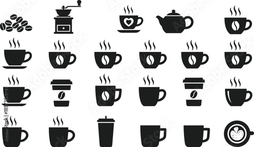 Coffee and Cafe Icon Set Featuring Black Silhouette Espresso Cups Steaming Mugs Coffee Beans Manual Grinder Teapot and Latte Art Symbols