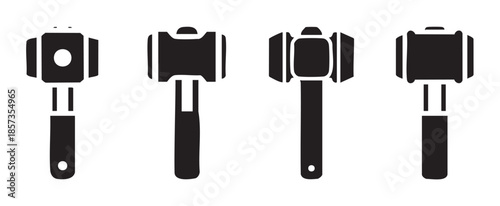 Four different heavy duty mallets and sledgehammers are displayed in a black silhouette style, representing various construction and demolition tools.