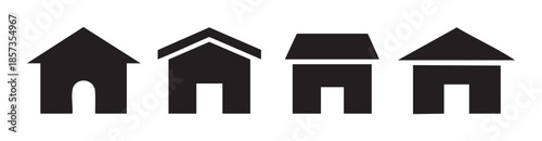 Four simple house icons with varying roof designs and door shapes, illustrating diverse concepts of home, property, and real estate development.