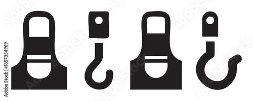 Aprons and question marks icons are displayed in a simple black silhouette style, representing concepts of cooking, work, and inquiry.