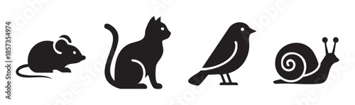 Mouse cat bird snail animal icons set collection of simple black vector silhouettes representing common creatures in a clean graphic style.