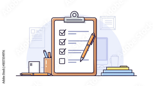 Illustrated Desk Scene With Clipboard Checklist And School Supplies.