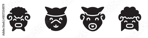 Four cute cartoon animal heads with various expressions and features, rendered in a simple black and white glyph style for design elements.