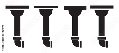 Four black downspouts for rainwater drainage systems are depicted as simple vector icons, illustrating various styles of gutter pipes and their connections.