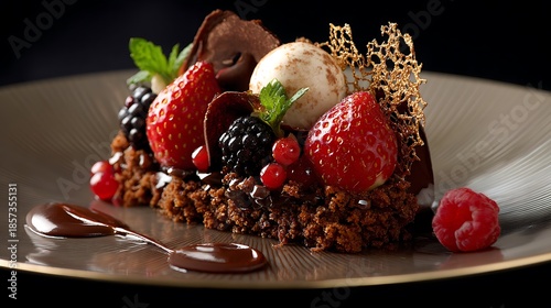 Gourmet Dessert with Chocolate Crumble, Fresh Berries, and Ice Cream Elegantly Plated