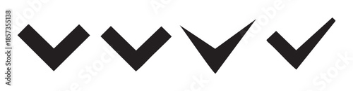 Black checkmark icons set of various styles representing approval, completion, and correctness for user interface design elements.