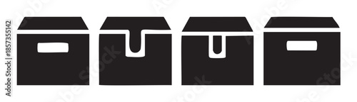 Four abstract black boxes with various stylized white cutouts representing different packaging designs and openings arranged in a horizontal row.