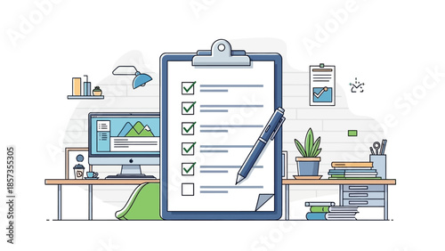 Productive Home Office Desk with Checklist Clipboard and Laptop.