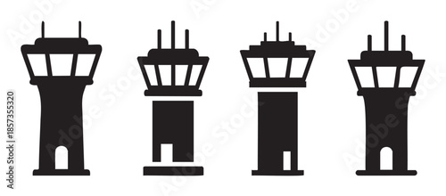 Four air traffic control towers vector icons representing airport communication, aviation navigation, and flight management symbols for transportation design.
