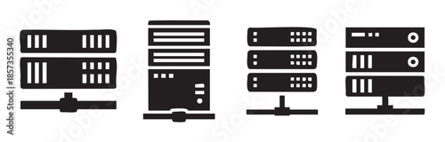 Four stylized server rack icons representing essential data center infrastructure, network computing technology, and digital information storage systems.