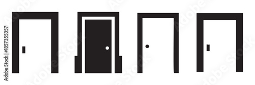 Four simple door icons with various handle designs representing different entryways and exits, suitable for architectural, interior design, or navigation concepts.