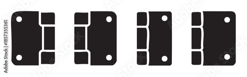 Door hinges vector icons set representing various types of metal hardware for carpentry, construction, and home improvement projects.