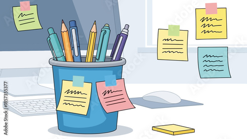 Colorful Desk Organizer with Pens and Sticky Notes.