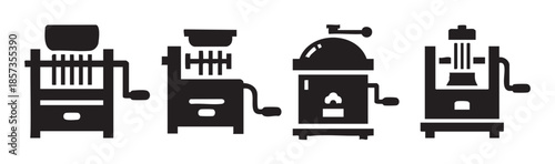 Manual grinders and food processors are depicted as a collection of black silhouette icons, showcasing different designs and functions.