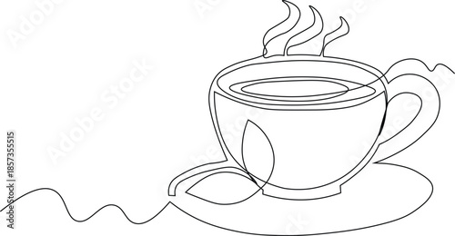 Continuous line drawing of a cup of tea with steam and autumn leaves beside. National Hot Tea Day. A journey through diverse teas, each cup a moment of pure comfort. Vector illustration