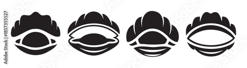 Abstract stylized shell illustrations with varying open forms, presented in a clean black and white graphic design style for versatile use.