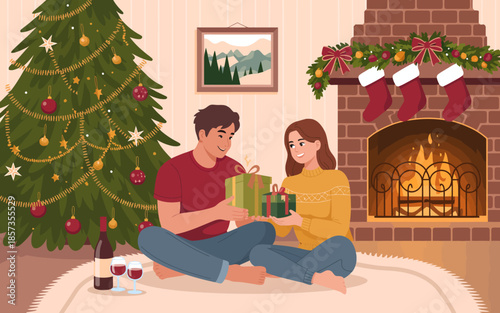 A warm and inviting Christmas scene featuring a couple exchanging gifts in front of a beautifully decorated fireplace and a festive tree with ornaments and lights.