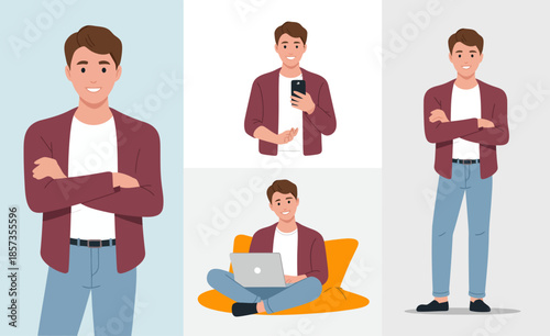 A confident young man showcases different poses and expressions, displaying versatility and approachability in a modern lifestyle context.