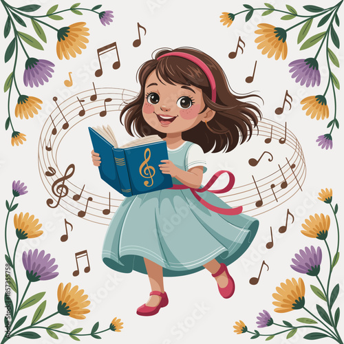 A cheerful young girl in a cute dress joyfully holds an open book while singing, surrounded by a musical note backdrop, capturing the essence of childhood delight.