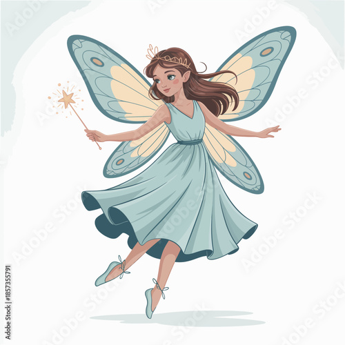A whimsical fairy with stunning butterfly wings dances joyfully, holding a sparkling wand, embodying the imagination and magic of childhood dreams and fairy tales.