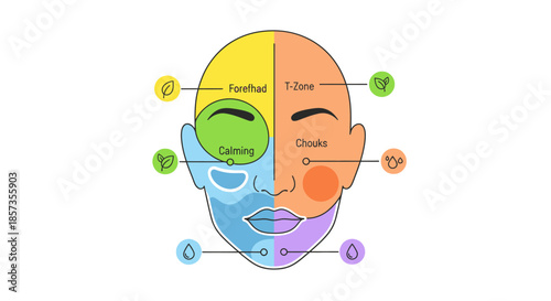 Facial Zones Diagram: T-Zone, Forehead, Cheeks, Calming Areas, Skin Care