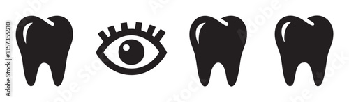 Graphic black tooth and eye icons symbolize important health concepts, representing dental care, vision, and overall well-being in a simple, modern design.