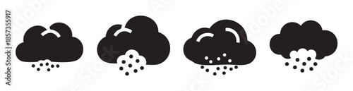 Black cloud weather icons depicting various forms of precipitation, including rain, snow, and hail, presented as simple graphic symbols.