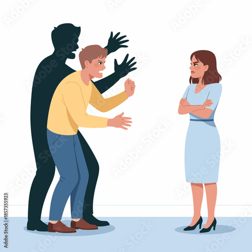 A tense visual representation of conflict, featuring two characters in a heated argument with shadowed emotions, highlighting the struggles of human interactions.