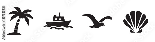 Palm tree, boat, flying bird, and seashell icons illustrate essential elements of a relaxing summer vacation, tropical travel, and beach holidays.