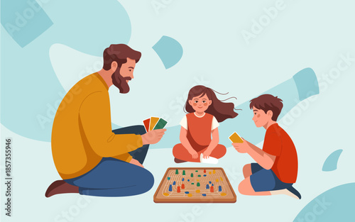 A father enjoys a playful game night with his two children, creating joyful memories and strengthening family bonds through interaction and shared fun activities.