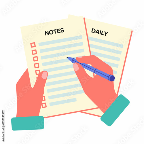 Hands are shown writing on daily notes, emphasizing the importance of organization, planning, and clarity for achieving personal and professional goals effectively.