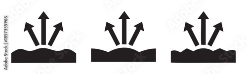 Emission icon set showing arrows moving upwards from a wavy surface, representing concepts like absorption, evaporation, and diffusion in a clear graphic design.