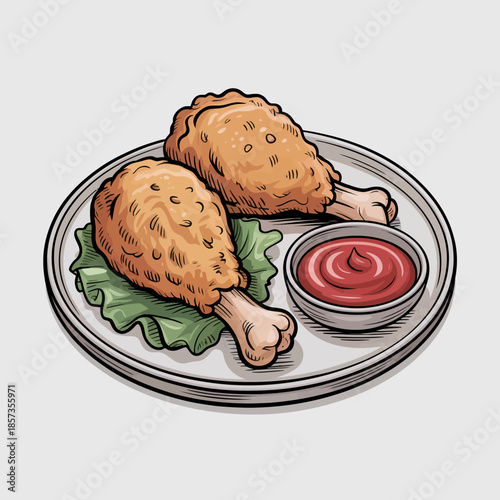 A delectable plate featuring crispy fried chicken legs accompanied by fresh lettuce and a side of ketchup, perfect for food lovers seeking comfort and satisfaction in meals.