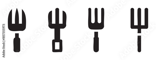Four different stylized black fork icon designs showcasing diverse utensil shapes, perfect for use in culinary, dining, and restaurant-themed digital projects.