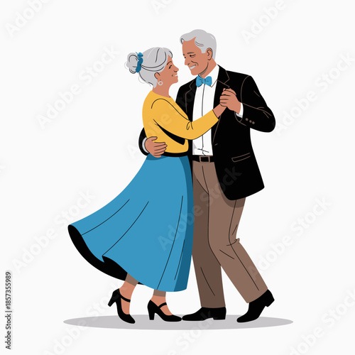An elderly couple enjoys a lovely dance together, exuding joy and elegance, symbolizing love and companionship that transcends time and showcases their beautiful bond.