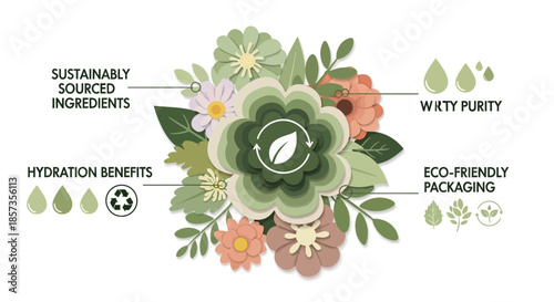 Eco-friendly beauty: Natural ingredients, hydration, purity, and sustainable packaging concept