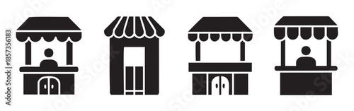 Four market stall icons representing various small business kiosks and vendor stands for retail, food, or event services in a simple black silhouette style.
