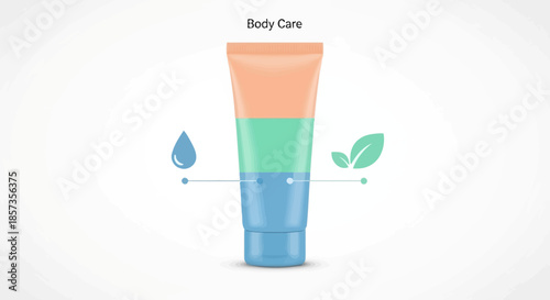 Body Care Cream Tube with Water Droplet and Leaf Icons - Skincare Product Concept