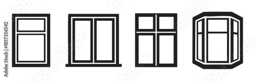 Various types of windows and frames are depicted as simple black and white line art icons, showcasing different architectural styles and designs.