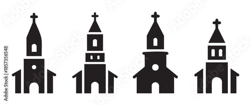 Four distinct church building icons featuring steeples and crosses, representing faith, community, and worship in a simple, modern graphic style.