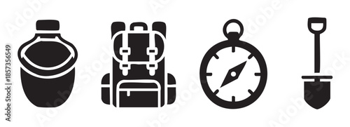 Outdoor adventure camping gear icons representing essential equipment for hiking, exploration, and wilderness travel, presented in a clean graphic style.