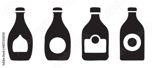 Four black beverage bottles with various label designs showcasing a minimalist and iconic vector illustration style for graphic design.