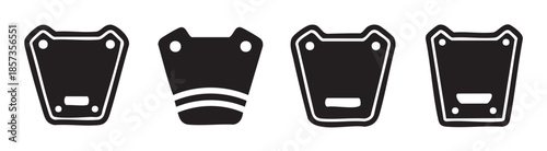 Stylized shield icon set vector illustration featuring various abstract graphic shapes with internal details, perfect for modern design elements and user interface components.