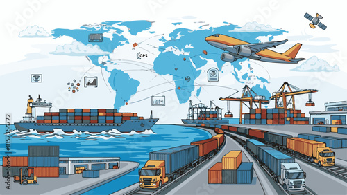 A massive industrial cargo vessel docks at the container terminal harbor as cranes facilitate the loading of freight for maritime trade and global transport across the sea