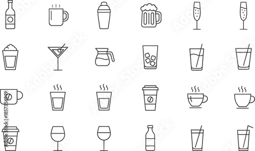 Comprehensive Beverage and Drink Line Icon Set Featuring Coffee Cups Tea Mugs Wine Glasses Beer Steins Cocktails Bottles and Refreshment Symbols Vector Graphic