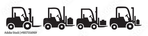 Four black silhouette forklifts are lined up in a row, with some carrying cargo, representing industrial logistics and warehouse operations.