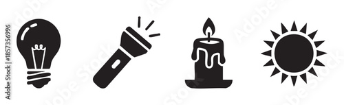 Light sources icons representing various forms of illumination, including a bulb, flashlight, candle, and sun, symbolizing energy and brightness.