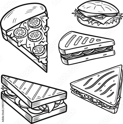 A black and white line drawing illustration featuring five different sandwiches. The sandwiches are depicted from various angles, showcasing diverse fillings and preparations. One sandwich is open-fac