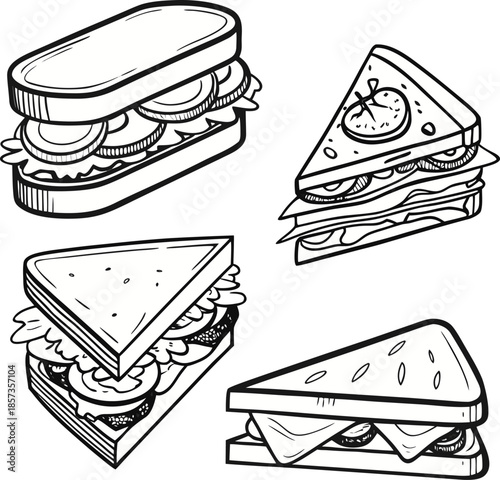 A black and white line drawing illustration featuring five different sandwiches. The sandwiches are depicted from various angles, showcasing diverse fillings and preparations. One sandwich is open-fac