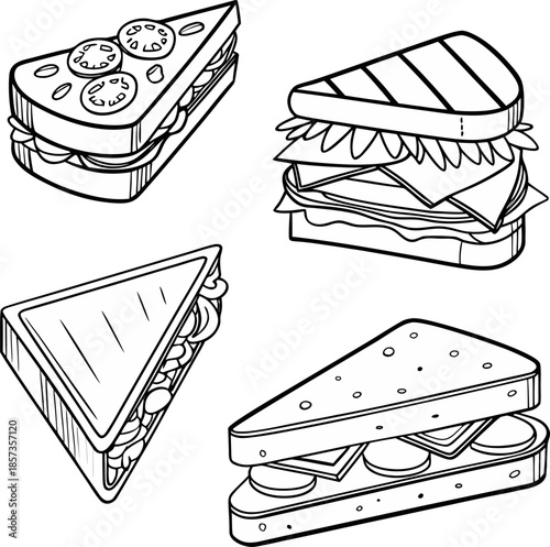 A black and white line drawing illustration featuring five different sandwiches. The sandwiches are depicted from various angles, showcasing diverse fillings and preparations. One sandwich is open-fac